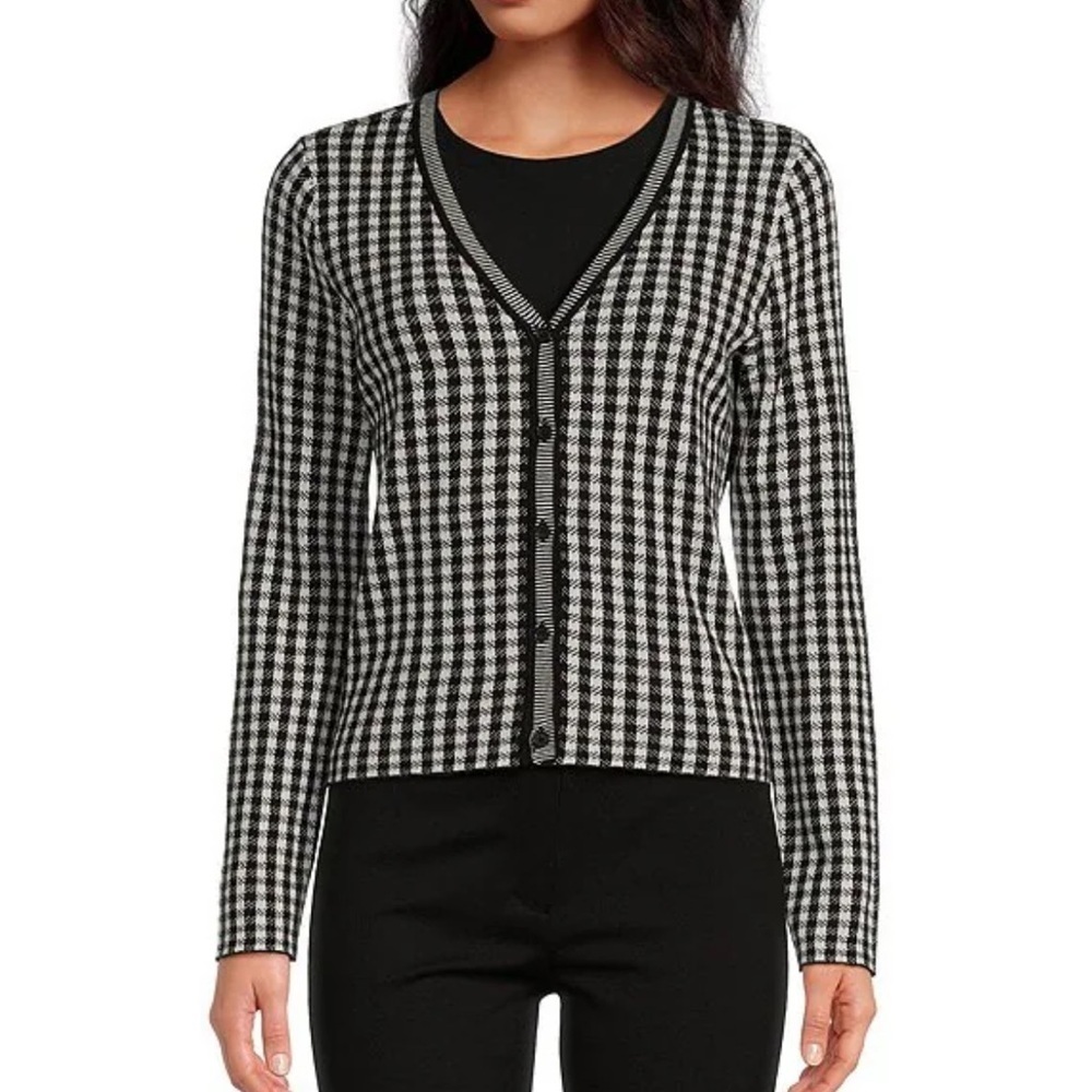 Cece Gingham Jacquard V-Neck Long Sleeve Cardigan Jacket NWT sz Large